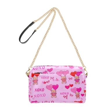 Imagem de Joitme Bolsas de ombro femininas transversais fofas ursos corações rosa bolsa para celular bolsa de couro PU bolsa de ombro alça de corrente