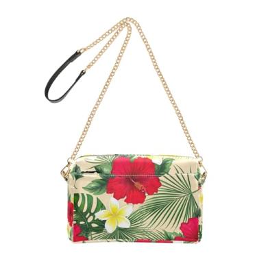 Imagem de Bolsas femininas tropicais vermelhas e folhas verdes em couro PU com alça de corrente para telefone