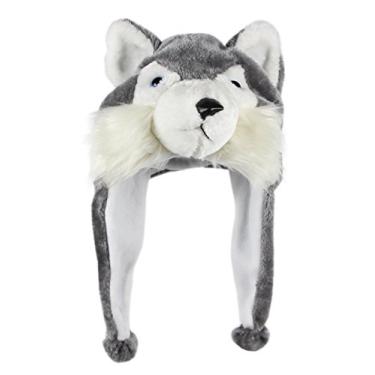 Imagem de Bioterti Chapéus de pelúcia divertidos de animal tamanho único poliéster com forro de lã, Husky, tamanho �nico