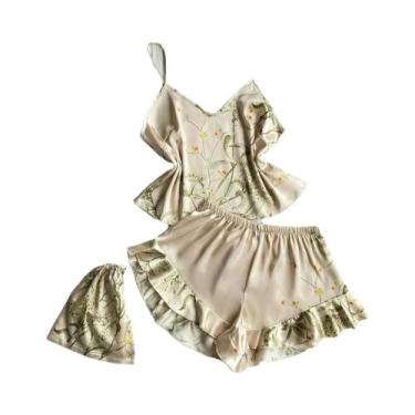 Imagem de Conjunto De Pijamas De Seda Femininos De Verão Com Estampa Floral 3 Pe