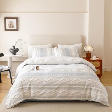 Imagem de CLOTHKNOW Conjunto de edredom boêmio, tamanho casal, 3 peças, jacquard recortado, casa de fazenda, jacquard e listras, macio e fofo