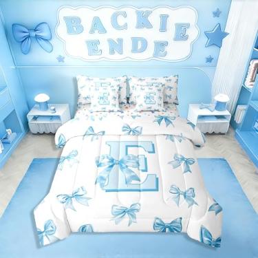 Imagem de Erosebridal Jogo de cama Queen com laço e laço de princesa sonhadora, 7 peças, azul, letra E, fofo, kawaii, com laço, lençol com laço, romântico, conjunto de cama