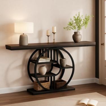 Imagem de GarveeHome Mesa de console industrial de 139 cm com 5 prateleiras circulares, mesa de destaque estreita para entrada, corredor ou como mesa de sofá, design de moldura de metal