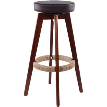 Imagem de Banqueta de bar sólida de madeira, banqueta de bar rotativa de 360 graus, cadeira com corda de cânhamo feita à mão, assento ergonômico com cadeiras resistentes de pernas de banquinho (preto)