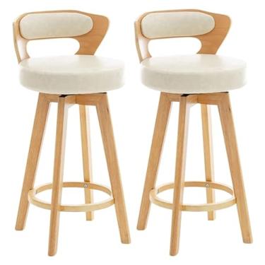 Imagem de WYNSJDBB Cadeira de bar com moldura de madeira maciça, conjunto de 2 bancos de bar, bancos de cozinha, assento de pele de cera de óleo estilo minimalista, cadeiras de bar giratórias, apoio para os pés