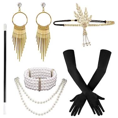 Imagem de LUTER 8 unidades Acessórios Flapper Anos 20, Flapper acessórios luvas diadema vintage colar de pérolas pulseira brincos de ouro para mulher suprimentos para festas temáticas