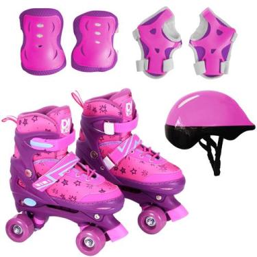 Imagem de Patins Roller 4 Rodas Infantil Com Proteção Feminino - Dm Toys, Rosa, 