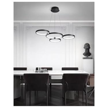 Imagem de Luminária pendente LED moderna e regulável com controle remoto, altura ajustável, preta, 3000-6000K, para sala de estar, quarto, cozinha, sala de jantar, escritório e bares (4 anéis)