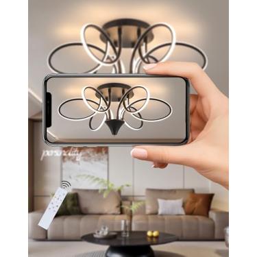 Imagem de Luminária de teto LED moderna para sala de estar, com regulagem contínua de intensidade de cor (3000-6000K), design alienígena e controle remoto (preta, 75cm).