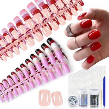 Imagem de 10 unidades de unhas de pressão, cores mistas de unhas vermelhas e roxas, cores lisas para salão de beleza, rosa e vermelho, presentes diários de unhas para mulheres e meninas com abas adesivas