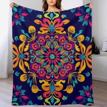 Imagem de Manta mandala, cobertor psicodélico, presentes para adultos, mulheres, homens, cobertores aconchegantes de flanela leve e macia para cama, sofá, acampamento, para todas as estações (101 x 76 cm)