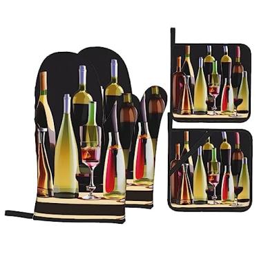 Imagem de Copos de coquetel e garrafas de vinho estampam luvas de cozinha resistentes ao calor e suporte de panela, luvas de forno confortáveis para cozinhar