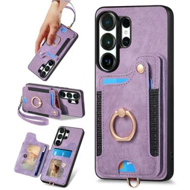 Imagem de PAOBIR Capa feminina para Samsung Galaxy S26 Ultra, capa flip de couro PU, suporte para cartão, anel com bloqueio de RFID, alça de pulso, capa protetora magnética masculina para Galaxy S26 Ultra roxo