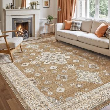 Imagem de DEXI Tapetes de área para sala de estar, tapete tradicional vintage lavável de pilha baixa para quarto, tapete grande antiderrapante para sala de jantar, escritório, berçário, 15 x 23, marrom claro