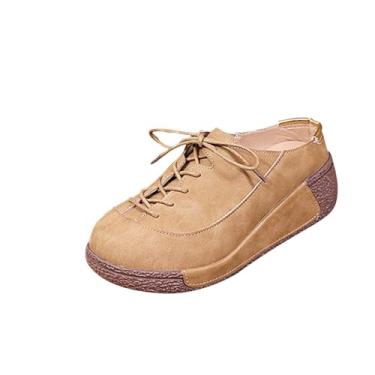 Imagem de Pantufas femininas modernas casuais sólidas bico redondo com cadarço salto plataforma mules meia pantufa para mulheres, Caqui, 34