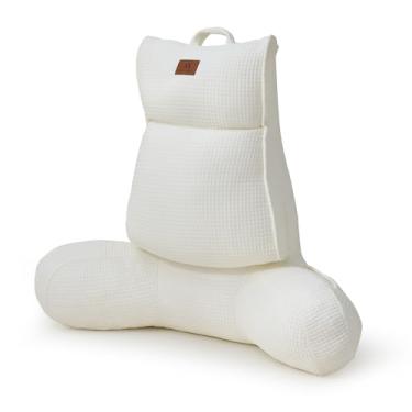 Imagem de Amélie Home Travesseiro de leitura refrescante para sentar na cama com bolso, encosto respirável, Qmax>0,37, suporte ergonômico com capa e alça laváveis, marfim, 63,5 cm