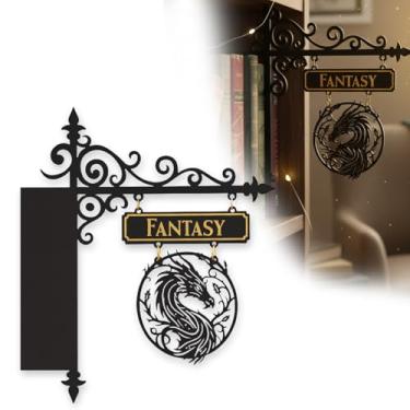 Imagem de Decoração de placas de taberna, divisórias de estante de fantasia com placa de dragão para biblioteca doméstica e organização de recantos de leitura, ou decoração aconchegante em estilo taberna