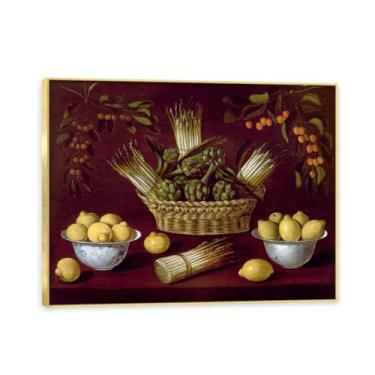 Imagem de Moldura dourada. Arte vintage emoldurada de frutas mortas, pintura clássica de cozinha country, decoração de parede de casa de fazenda quente para sala de jantar e cozinha. A61. 60 x 80 cm - 23,7 x