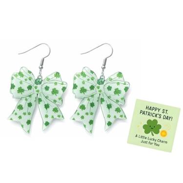 Imagem de Brincos de Dia de São Patrício, brincos de gota de laço verde, laço irlandês, pendurado, fita de trevo, gancho de pesca para mulheres, presentes de Dia de São Patrício, para festa, berloque, acessório