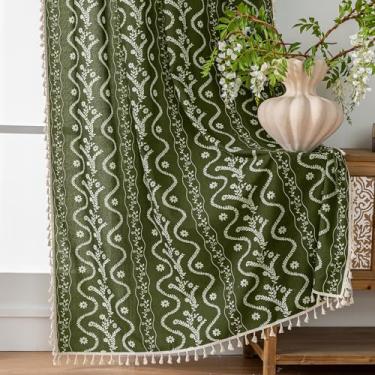 Imagem de Cortinas boêmias de outono vintage floral com bolso para varão, retrô, sala de estar, quarto, quinta, cozinha, 163 cm de comprimento, painéis de janela de dormitório com estampa verde oliva