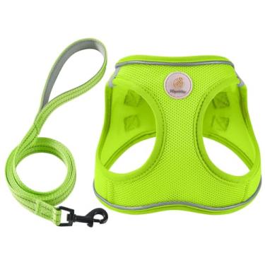 Imagem de Hipubby Conjunto de coleira e coleira para cães, de malha macia, sem puxão, para cães pequenos, médios e gatos, colete refletivo, respirável e leve para caminhadas, treinamento, verde brilhante, P