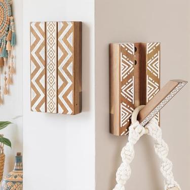 Imagem de KYIAANY Ganchos de parede dobráveis Boêmio: Ganchos decorativos de madeira para casacos, 2 unidades, montados para toalhas de pendurar resistentes, mochilas, chapéus, decoração de casa para