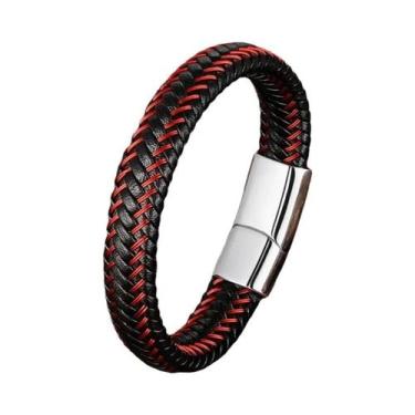 Imagem de Pulseira Trançada De Couro Vermelha Para Homens Em Aço Inoxidável Joia