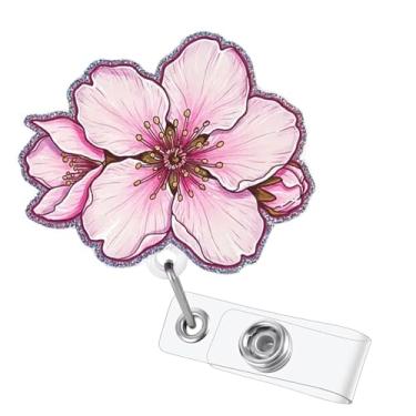 Imagem de Carretel de crachá de flor de pêssego rosa primavera, carretel de crachá de flor, etiqueta de identificação de enfermagem de enfermagem com cordão de nylon durável de 61 cm, porta-crachás de
