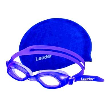 Imagem de Kit Óculos de Natação Leader Pool Lente Antiembaçante Proteção UV + Touca Silicone Lisa Azul
