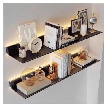 Imagem de Prateleiras de parede de camada única iluminada com LED embutido, suportes de exibição de liga de alumínio, prateleiras flutuantes montadas na parede, prateleiras de exibição de metal criativas leves
