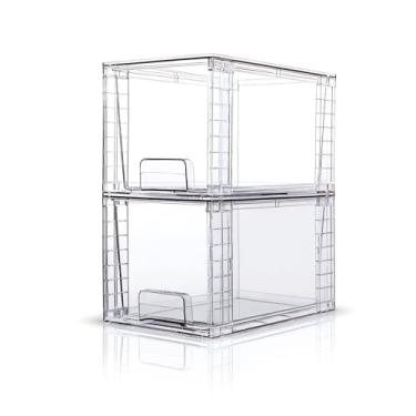 Imagem de XWYWX Gavetas de armazenamento empilháveis médias transparentes (pacote com 2), caixas organizadoras de acrílico de alta resistência com alças, gavetas de plástico para geladeira armário de banheiro