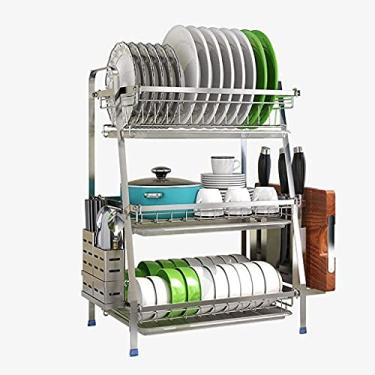 Imagem de U5GAAALPPQ9 Escorredor de pratos escorredor de pratos suprimentos de cozinha drenagem de armazenamento com pauzinhos/facas/suporte de tábua de corte, suporte de placa de drenagem (cor: prata, tamanho