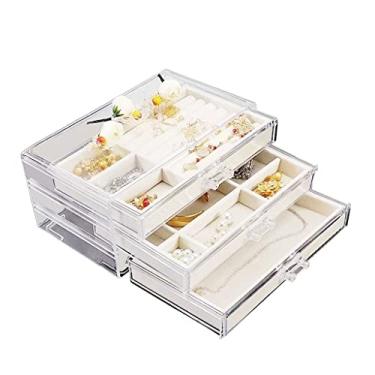 Imagem de FGDSEEEKJUFHH Organizador de joias de veludo acrílico transparente caixa de armazenamento de joias com 3 gavetas para anéis, brincos, colares, pulseiras e relógios (bege)