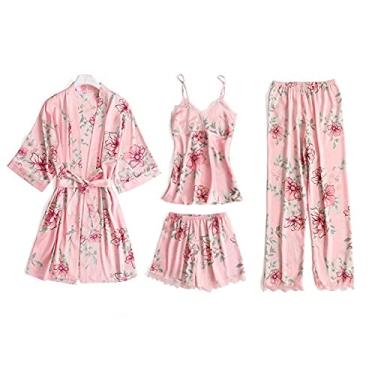 Imagem de HHHJQFAAT Pijama feminino 3 peças floral acabamento em renda cetim conjunto de pijama com roupão decote em V vestido de dormir G azul marinho B (preto b)