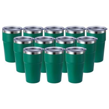 Imagem de MEWAY Caneca de viagem isolada a vácuo de parede dupla de 473 ml, copos de aço inoxidável com tampa, copos de café revestidos em pó para bebidas frias e quentes (verde, pacote com 12)