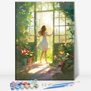 Imagem de HUINORYA Manhã luz solar senhora tela emoldurada kit de pintura por números bar café caverna sala de casa parede banheiro varanda pátio decoração presente, 40,6 x 30,5 cm