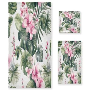 Imagem de xigua Conjunto de toalhas de banheiro de flor de palmeira tropical absorvente macio 3 peças toalha de banho toalha de mão toalhas decorativas para banheiro, academia, hotel, praia, piscina