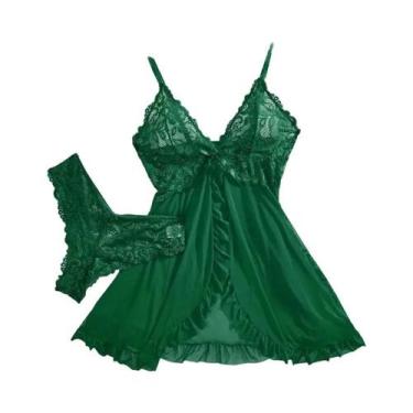 Imagem de Conjunto De Camisola Verde Com Renda Para Mulheres, Pijamas Transparen