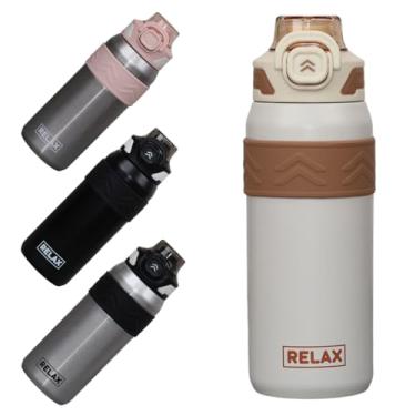 Imagem de Garrafa Térmica Inox 600ml com Canudo e Trava para Água Café, Tampa Flip 2 em 1, Alça de Transporte, Antivazamento, Trabalho Escola Dia a Dia Fundo Emborrachado (Branco)