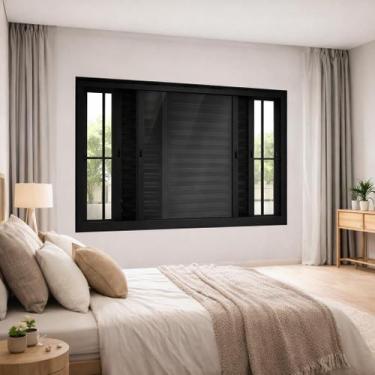 Imagem de Veneziana 3 Folhas de Correr Com Grade Alumínio Preto 100x120 Linha 25