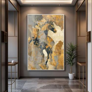 Imagem de Quadro com Moldura e Acrilico Cristal Vidro Cavalo Dourado para Sala, 