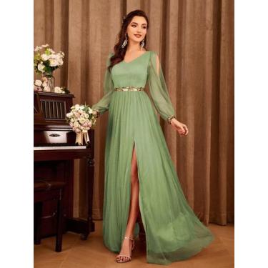 Imagem de Vestido de Dama de Honra Elegante com Decote V, Apliques e Fenda - Mgi