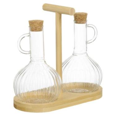 Imagem de Kit Galheteiro Suporte Bambu Vidro Dispenser 300 Ml Vinagre Azeite - P