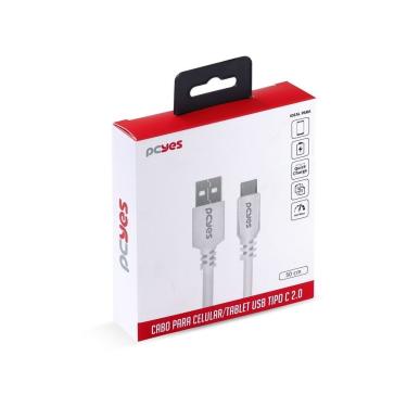 Imagem de Cabo USB Pcyes USB a 2.0 para USB Tipo C 480 Mbps 5V 3A 15W Cobre Puro 28 AWG Branco 50CM