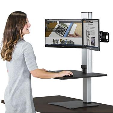 Imagem de Victor DC450 Mesa de mesa elétrica com dois monitores, preta, superfície de trabalho de 71 cm de largura, compatível com qualquer mesa padrão, suporte para monitor incluído
