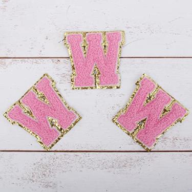 Imagem de Pacote com 3 adesivos de Chenille Iron On Glitter Varsity Letter 5 cm de altura "W" - Tecido de chenille rosa com acabamento em glitter dourado - Costurar ou passar a ferro - 5 cm PNK L