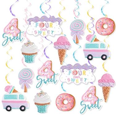 Imagem de Quatro decorações de festa de aniversário de sorvete doce, 20 peças decorações de espiral de festa de sorvete para crianças sorvete, festa de quarto aniversário menina donut 4º aniversário serpentinas de pendurar no teto