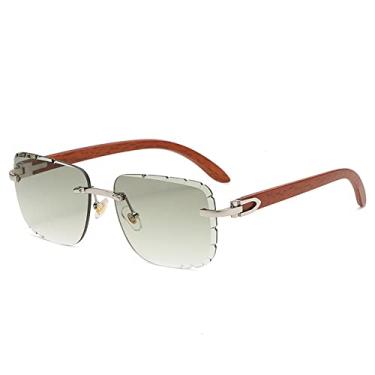 Imagem de Óculos de sol masculinos retangulares fashion sem aro, óculos de sol de designer de madeira sem moldura com caixa, verde prateado C05, bolsa para óculos