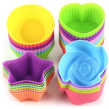 Imagem de LetGoShop Silicone Forro de cupcake Reutilizável Copos de assar Antiaderente Fácil de Limpar Moldes de Muffin 4 formas redondas, estrelas, coração, flores, 24 peças coloridas