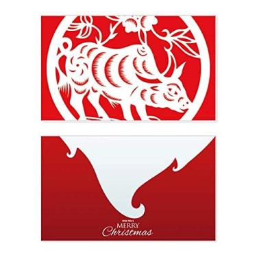 Imagem de Corte de papel Ox Animal China Zodiac Art Holiday Holiday Merry Christmas Cartões de parabéns Mensagem de Natal